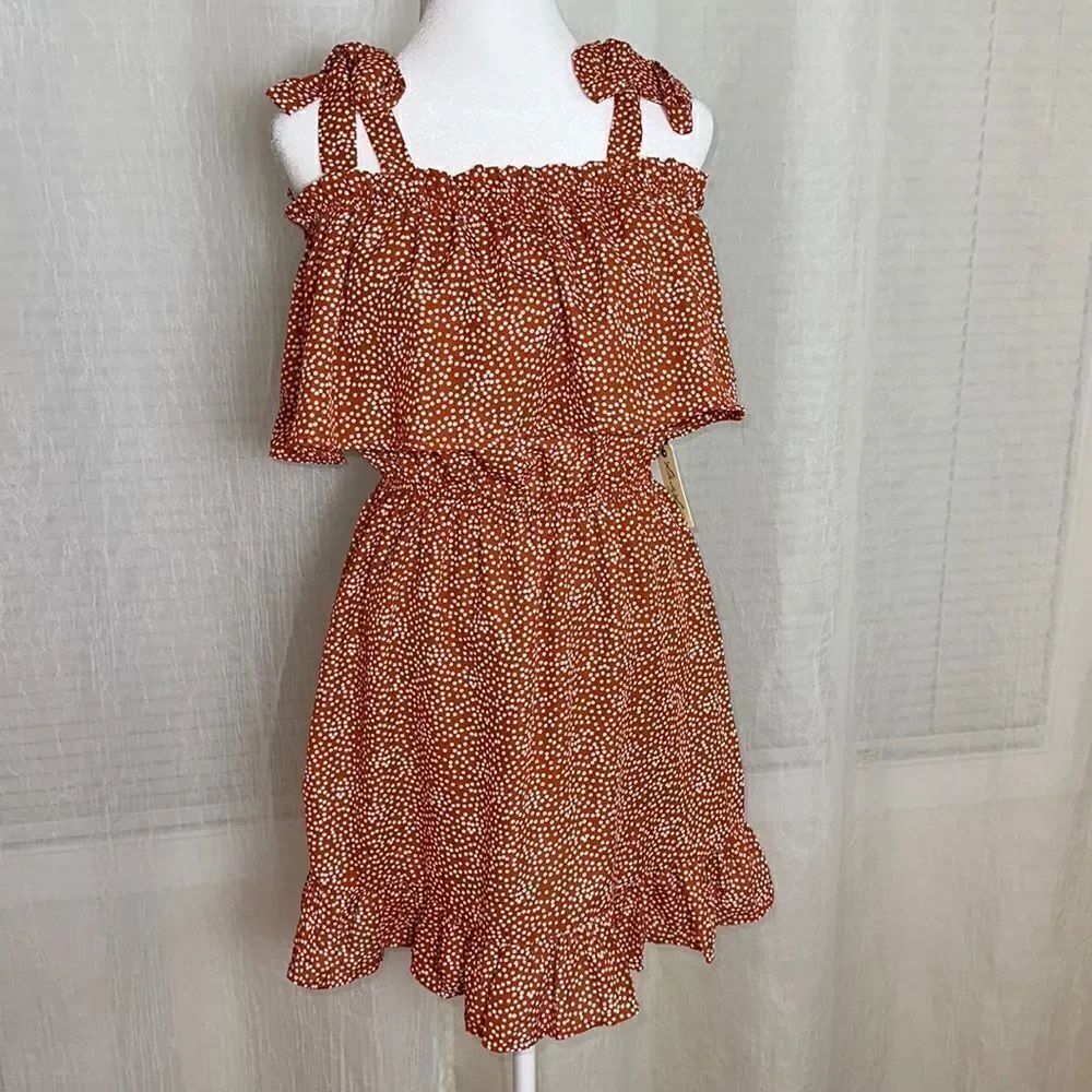 Liberty Love S Brown White Off The Shoulder Tie Straps A-line Ruffle Hem Dress